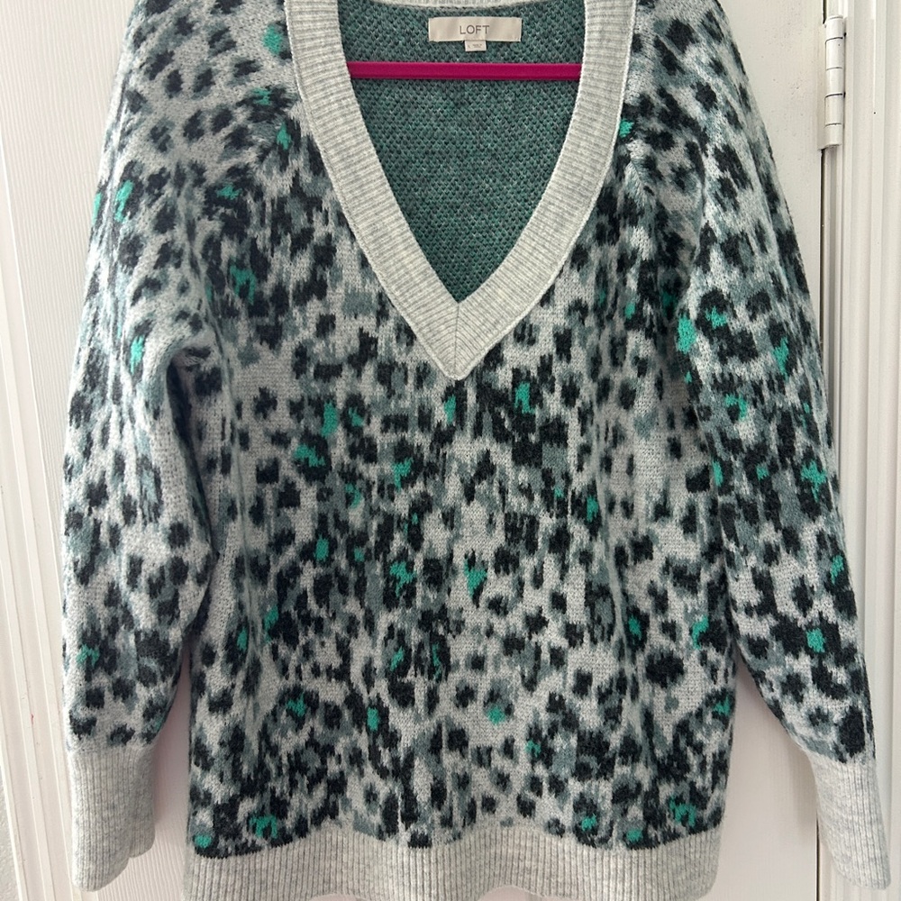 LOFT V-Neck Sweater in Gray and Green Animal Print